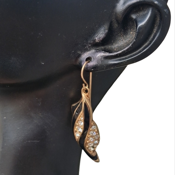 Vintage Swarovski Signed Black Enamel & Pave Crystal Drop Earrings - Picture 2 of 7